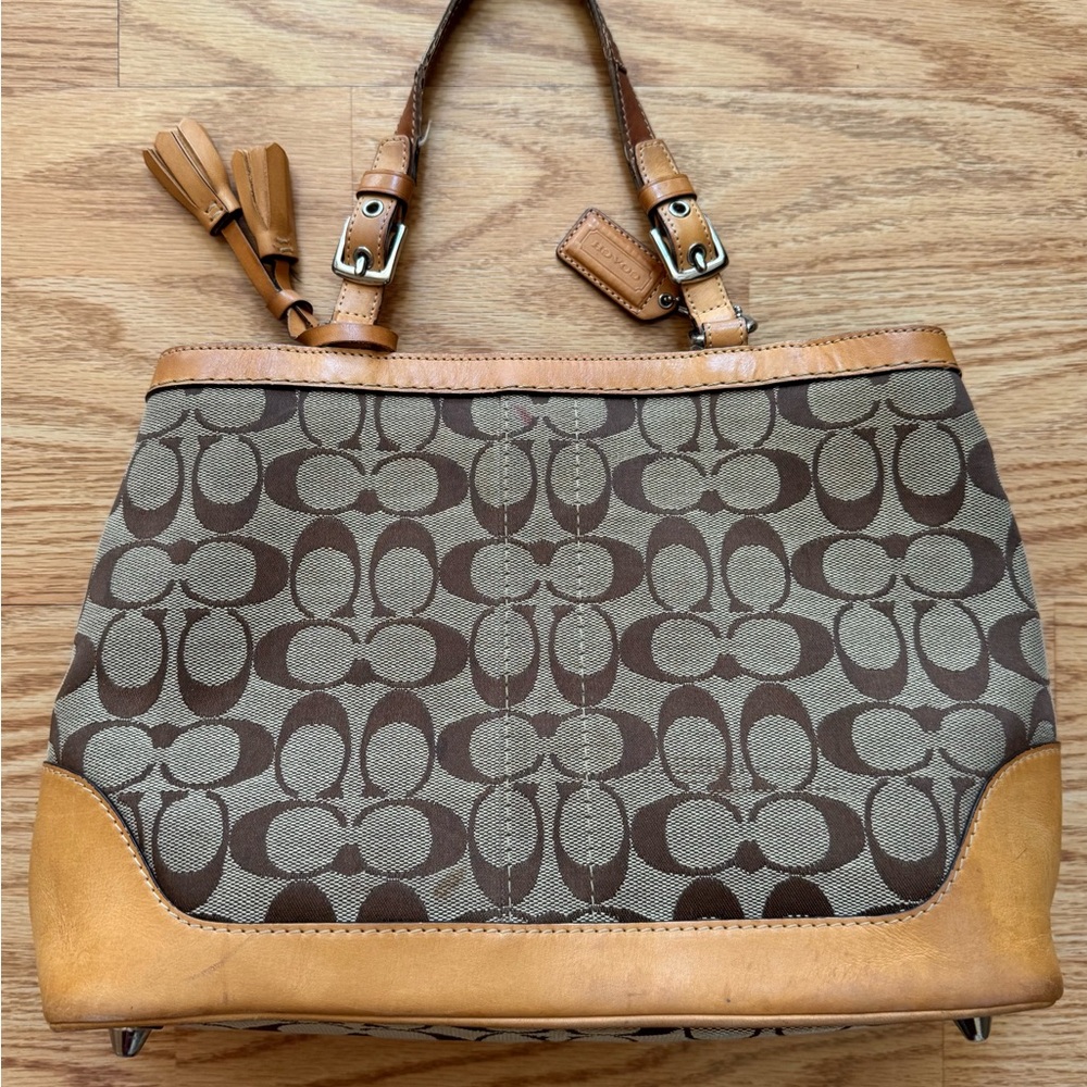 Coach Brown Signature Canvas Tote with Tan Leather Trim - Picture 8 of 16